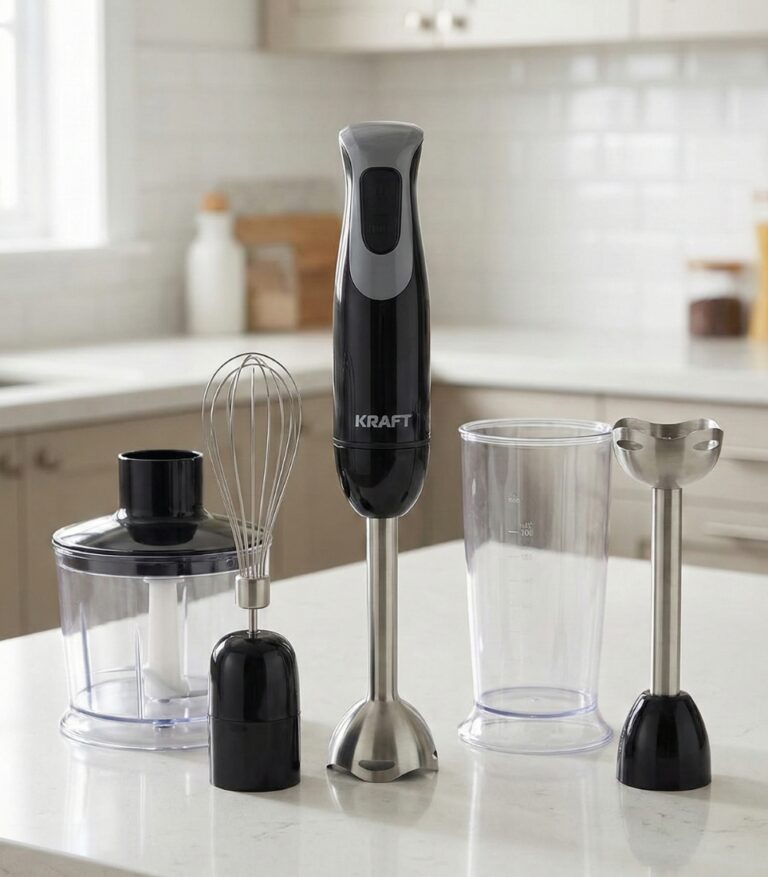 Kraft line Mixeur Plongeant 4 en 1 500W – Fouet + bol + hachoir, puissant et économique (noir)