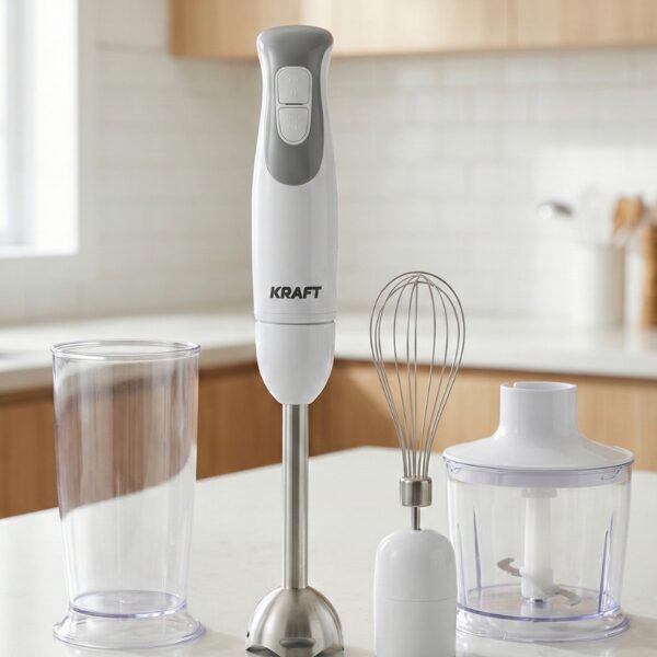 Kraft line Mixeur Plongeant 4 en 1 500W – Fouet + bol + hachoir, puissant et économique (blanc)