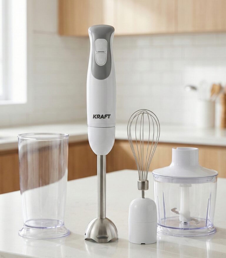Kraft line Mixeur Plongeant 4 en 1 500W – Fouet + bol + hachoir, puissant et économique (blanc)