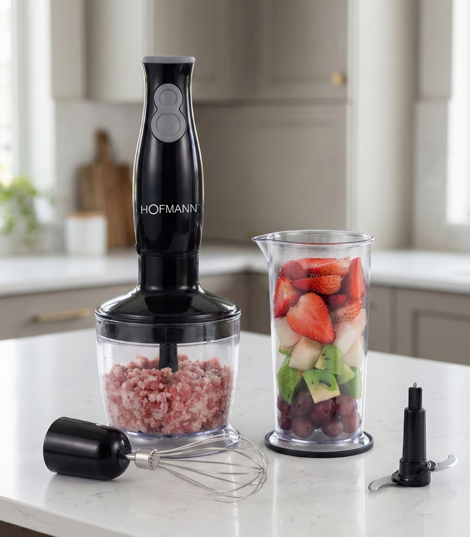 Mixeur plongeant 400W Hofmann inox avec bol 700ml – double vitesse, pratique et compact Mixeur plongeant 400W Hofmann inox avec bol 700ml – double vitesse, pratique et compact