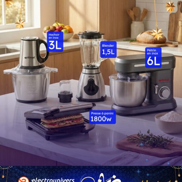 PACK Itimat Ramadan 2026 – Hachoir 1500W, Presse à Panini 1800W, Pétrin 6L 1300W et Blender 1000W Inox