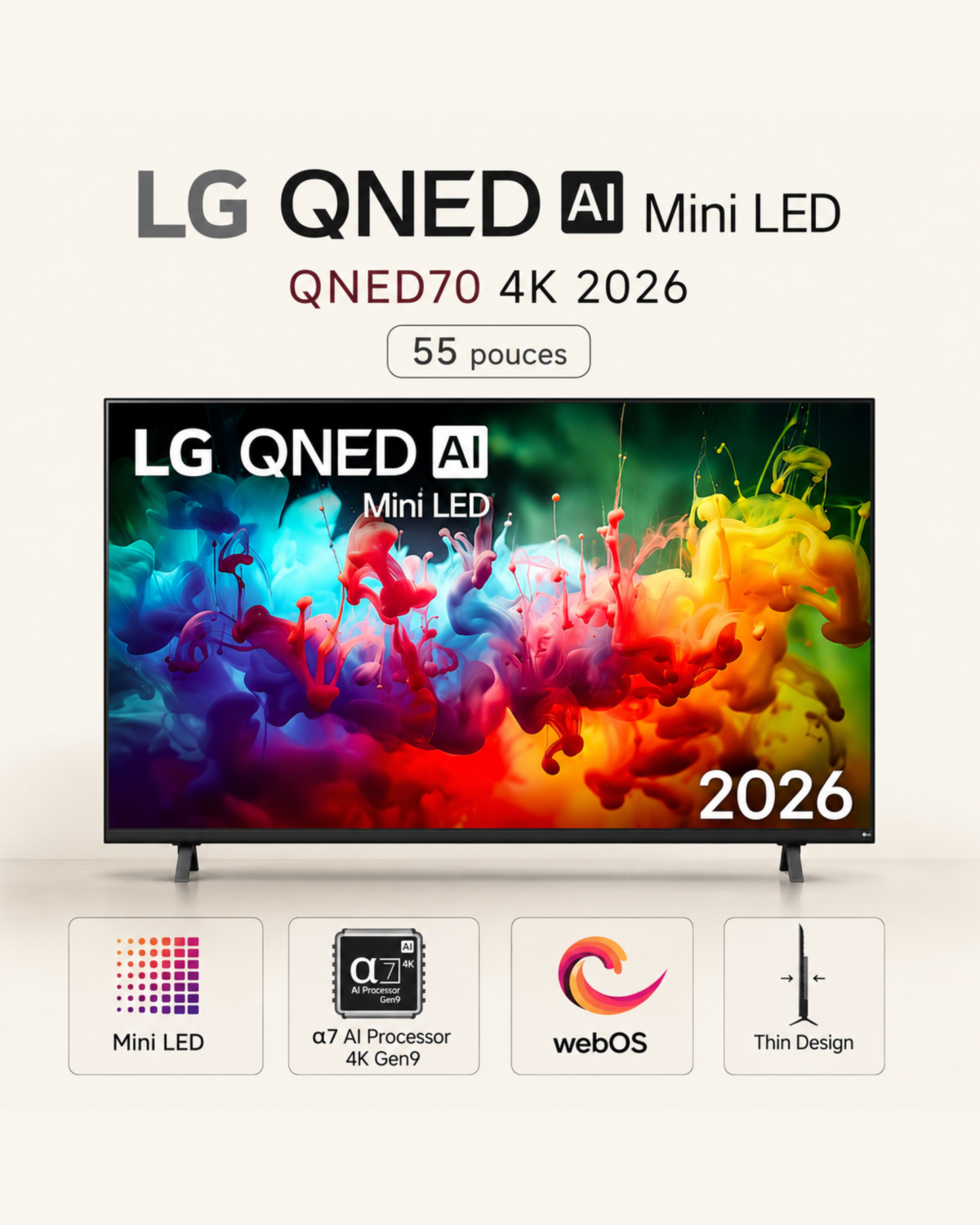 Smart TV LG QNED AI Mini LED QNED70 4K 2026 55 pouces – Image 3